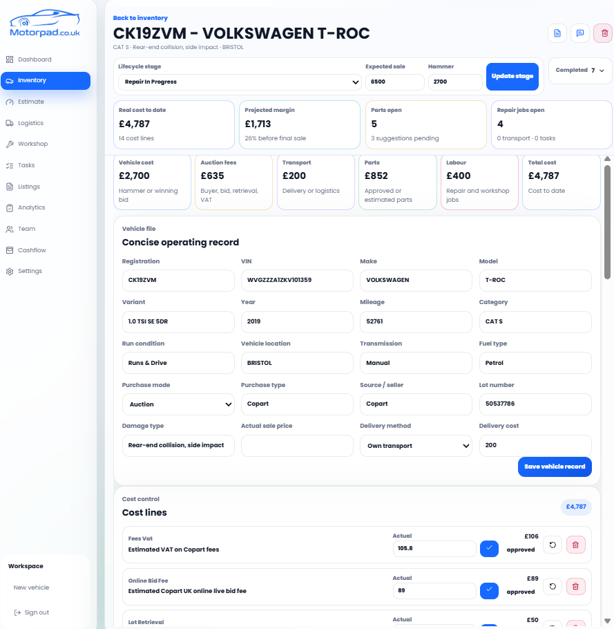 Control every vehicle from purchase to sold. screen preview