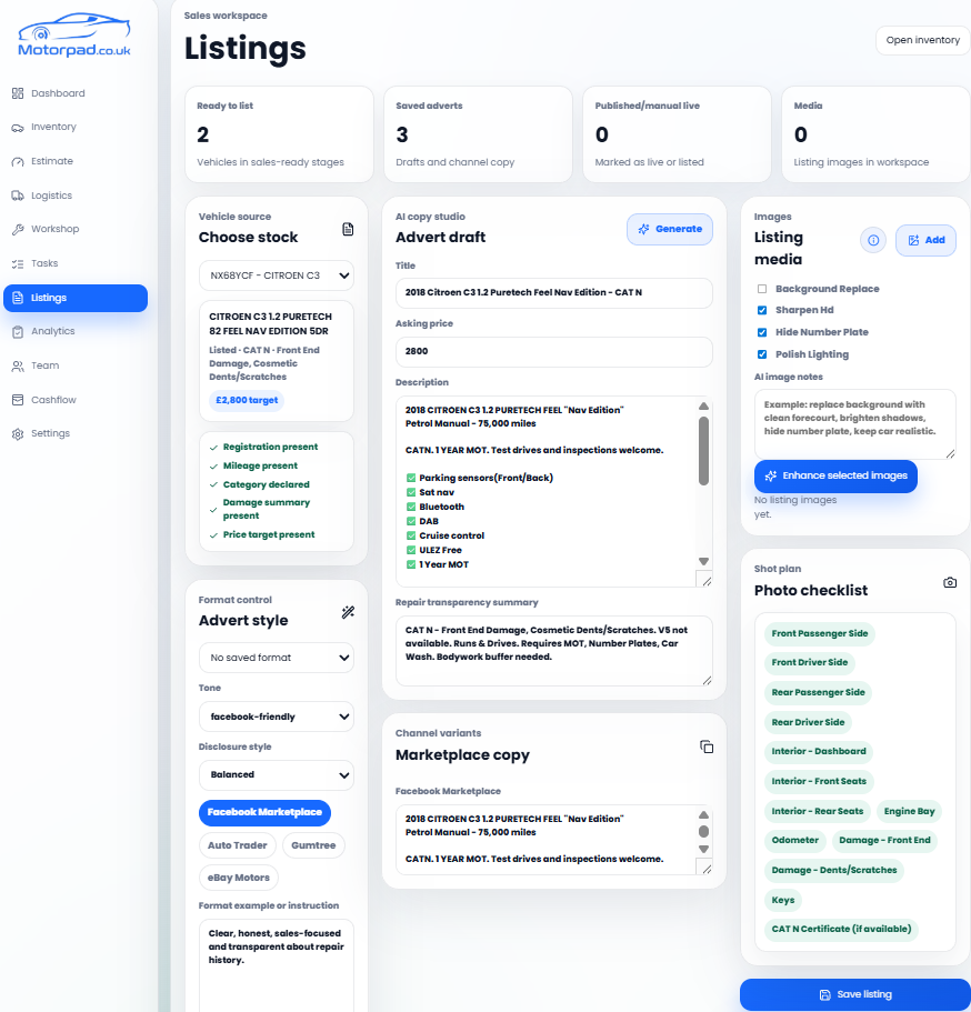 Turn approved stock data into sharper adverts. screen preview